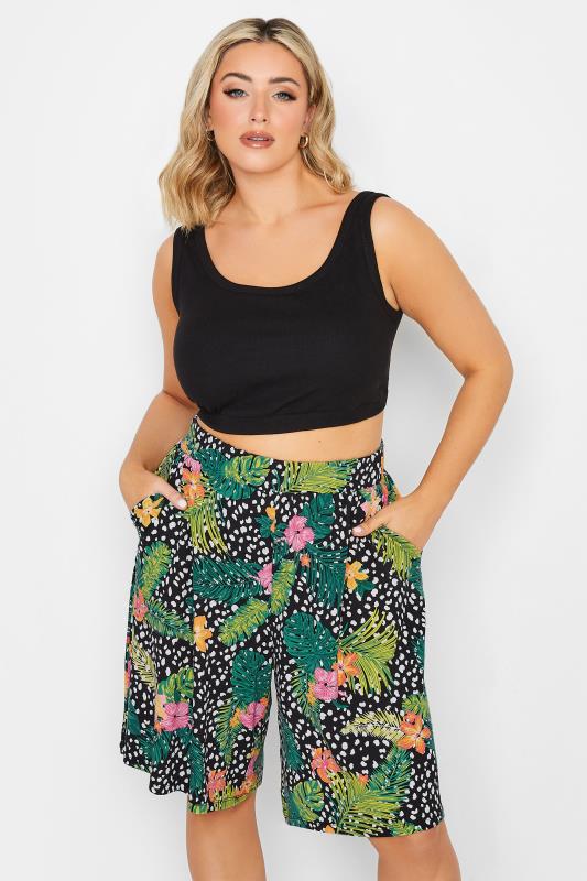 YOURS Curve Plus Size Black Mixed Tropical Print Jersey Shorts | Yours Clothing  1