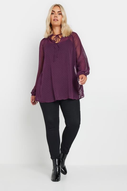 YOURS Plus Size Purple Tie Neck Dobby Blouse | Yours Clothing 2