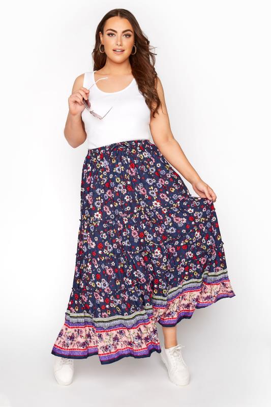Navy Floral Tiered Gypsy Skirt | Yours 