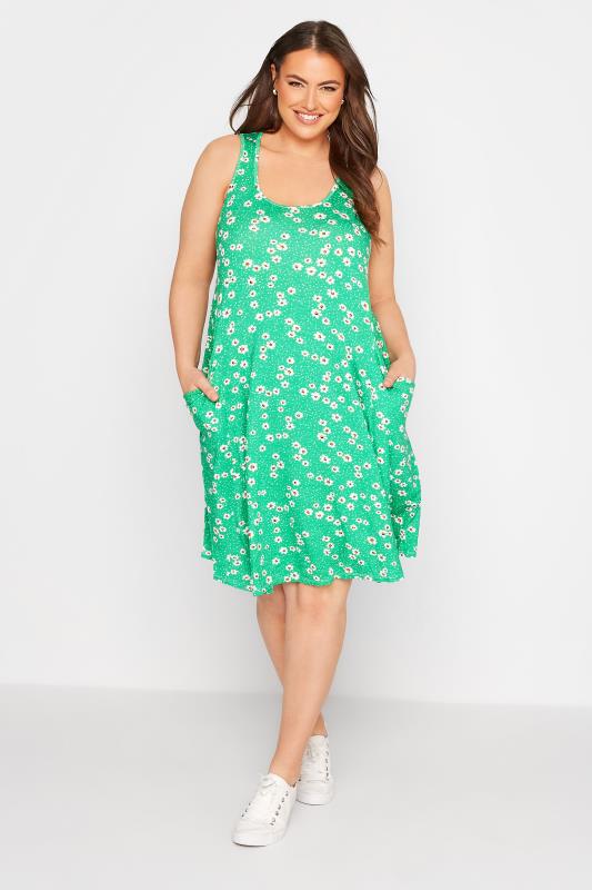 Curve Green Daisy Print Drape Pocket Dress 1
