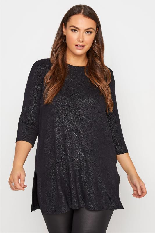 Plus Size Black Foil Print Swing Top | Yours Clothing 1