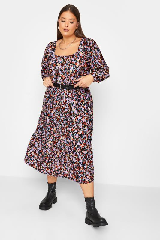 Plus Size Black Ditsy Print Balloon Sleeve Midaxi Dress | Yours Clothing 1