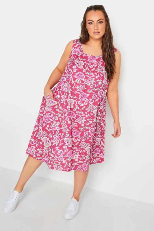 YOURS Curve Plus Size Pink Floral Swing Dress | Yours Clothing  1