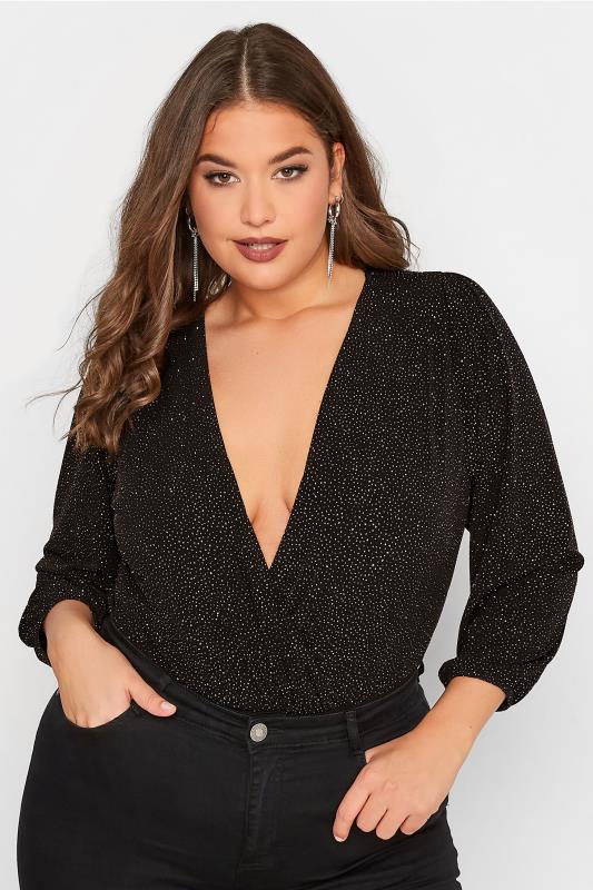 YOURS LONDON Plus Size Black & Pink Glitter Party Bodysuit | Yours Clothing 1