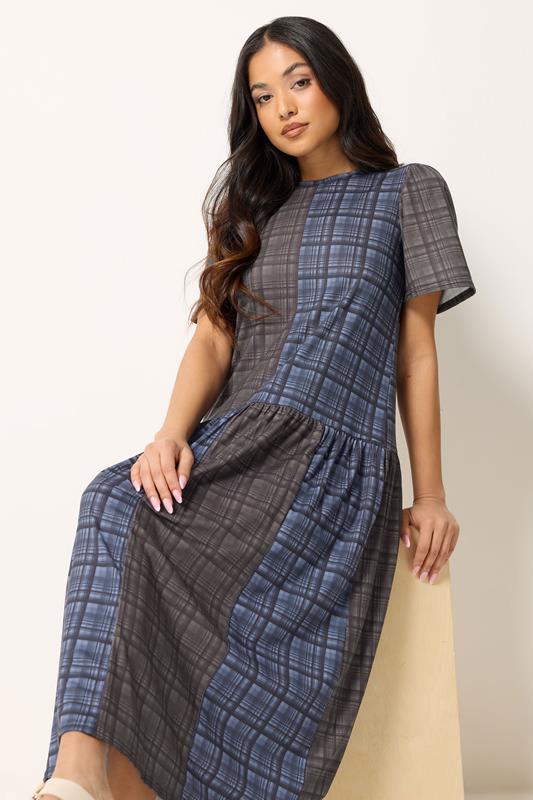 PixieGirl Petite Women's Navy Blue & Brown Check Midi Dress | PixieGirl 1