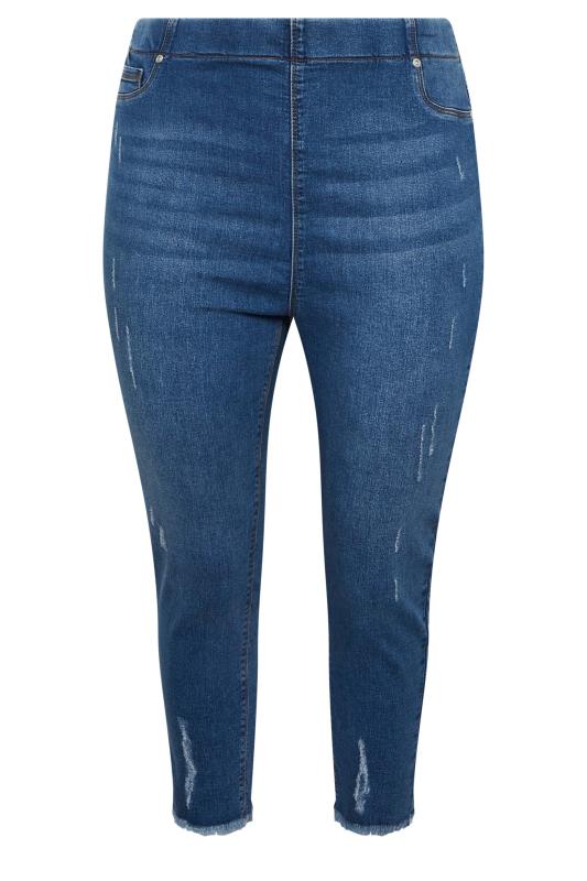 YOURS Curve Mid Blue Distressed Cat Scratch Stretch Cropped Jeggings | Yours Clothing  4