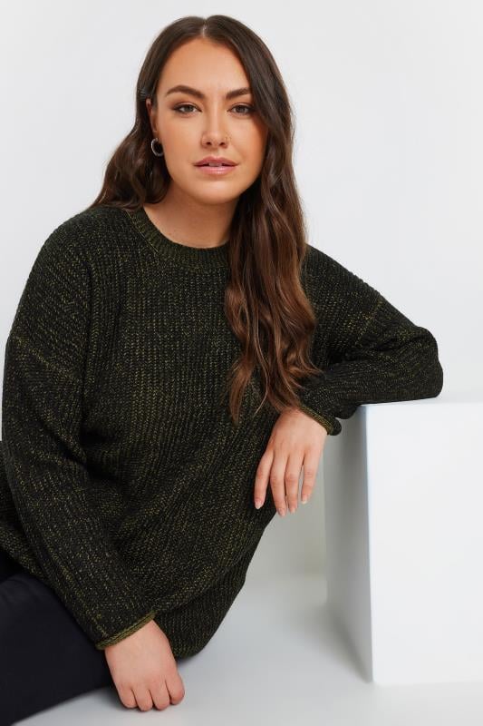 YOURS Plus Size Black & Green Knitted Jumper | Yours Clothing 2