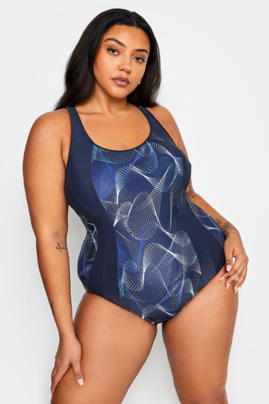 YOURS Plus Size Blue Wavelength Active Swimsuit | Yours Clothing 1