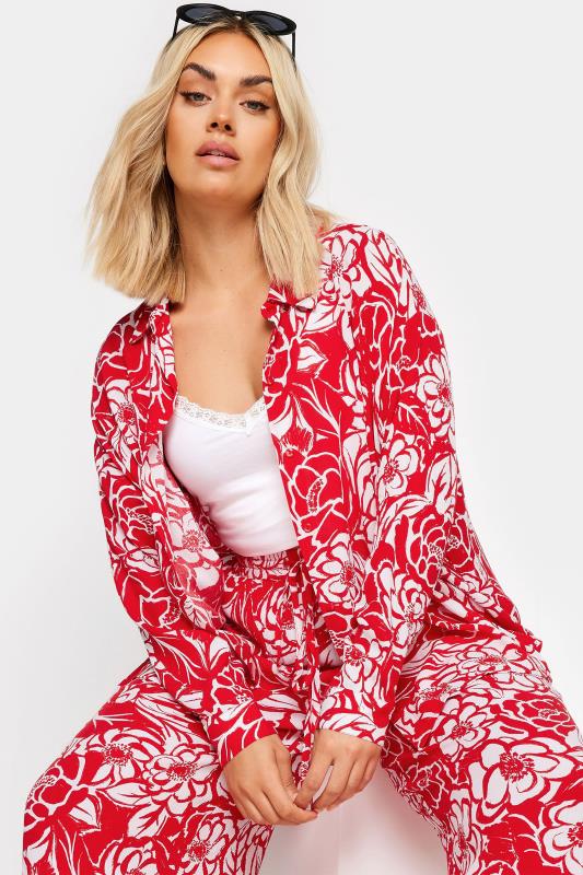 YOURS Plus Size Red Floral Print Crinkle Beach Shirt | Yours Clothing 1