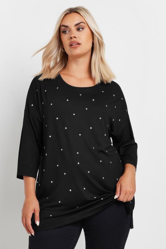 YOURS Plus Size Black Star Embellished Swing Top | Yours Clothing 5