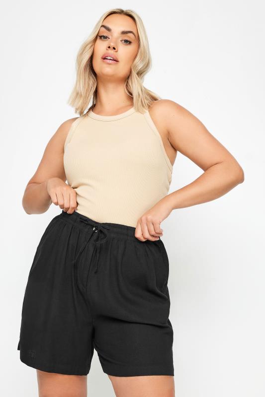 YOURS Plus Size Black Linen Shorts | Yours Clothing 1