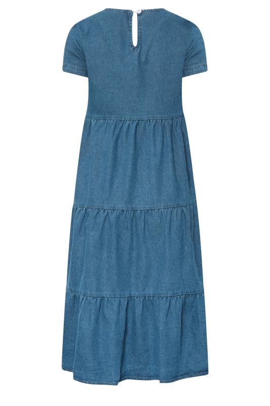 PixieGirl Petite Womens Blue Denim Tiered Midi Dress | PixieGirl 7