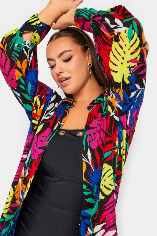 YOURS Plus Size Black Tropical Print Crinkle Beach Shirt | Yours Clothing 4