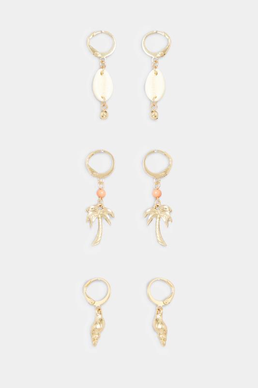 3 PACK Gold Shell Palm Earrings Set | Yours Clothing 3