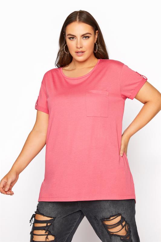 Curve Pink Pocket Dipped Hem T-Shirt 1