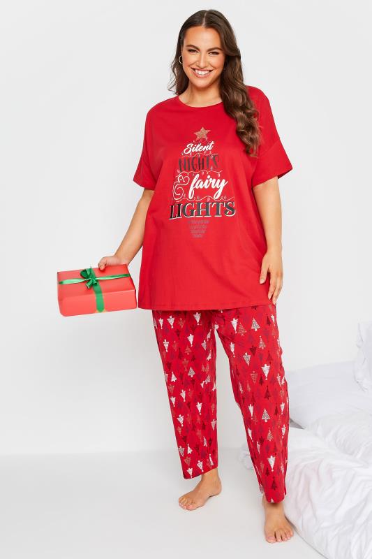 Plus Size Red 'Silent Nights & Fairy Lights' Christmas Pyjama Gift Set | Yours Clothing 2