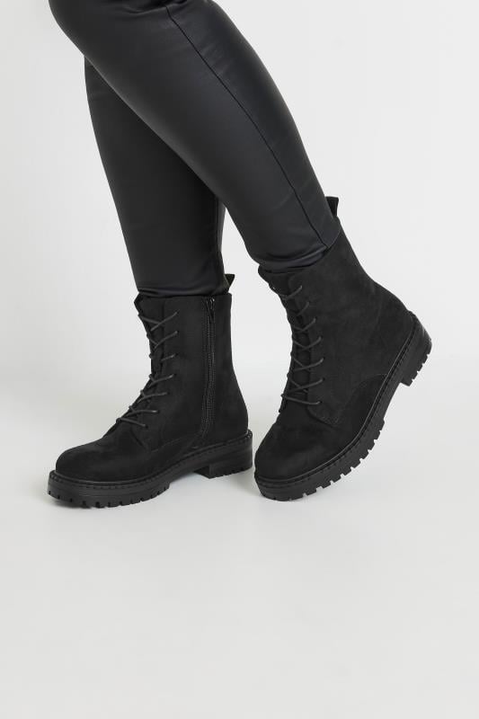 Plus Size  Black Faux Suede Lace Up Boots In Wide E Fit