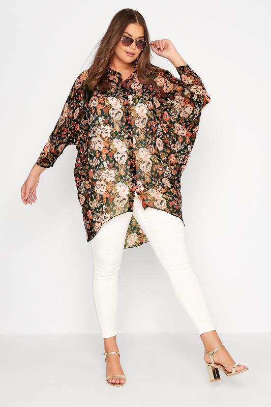 Curve Black & Red Sheer Floral Long Shirt | Yours Clothing 2