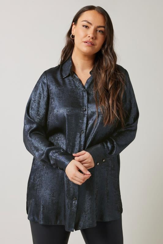 Plus Size  EVANS Curve Navy Blue Metallic Long Sleeve Shirt