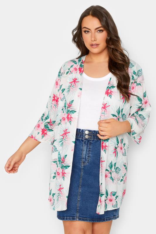 YOURS Plus Size White Floral Crochet Back Kimono | Yours Clothing 1