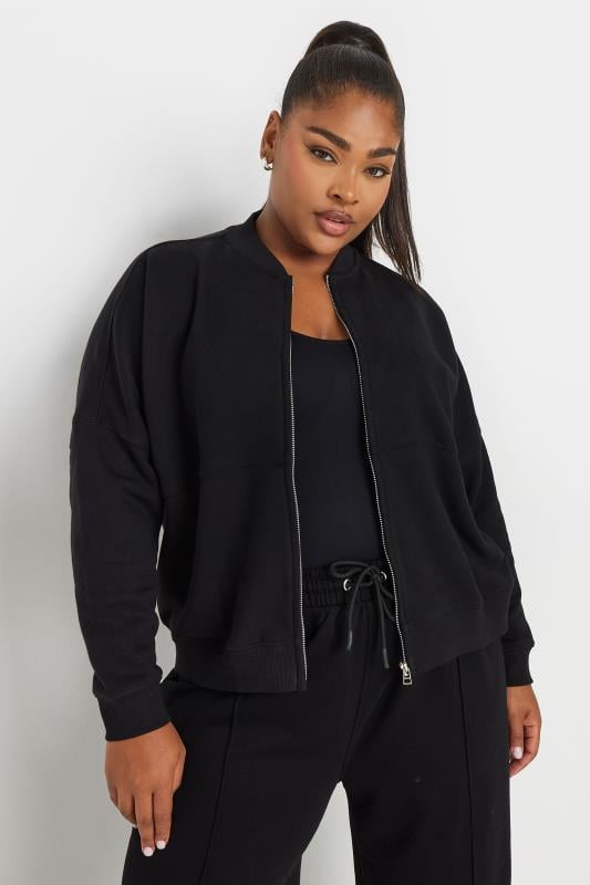 YOURS Plus Size Black Oversized Sweat Bomber Jacket Yours Clothing