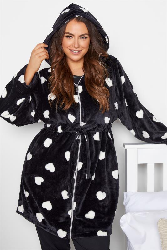 Plus Size Black Heart Print Zip Dressing Gown | Yours Clothing 4