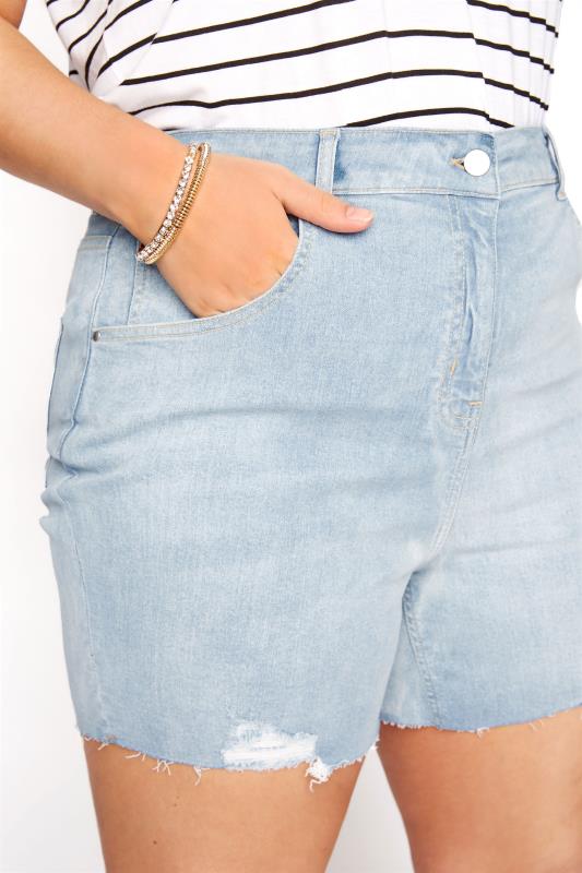 Petite Light Blue Wash Frayed Hem Denim Shorts