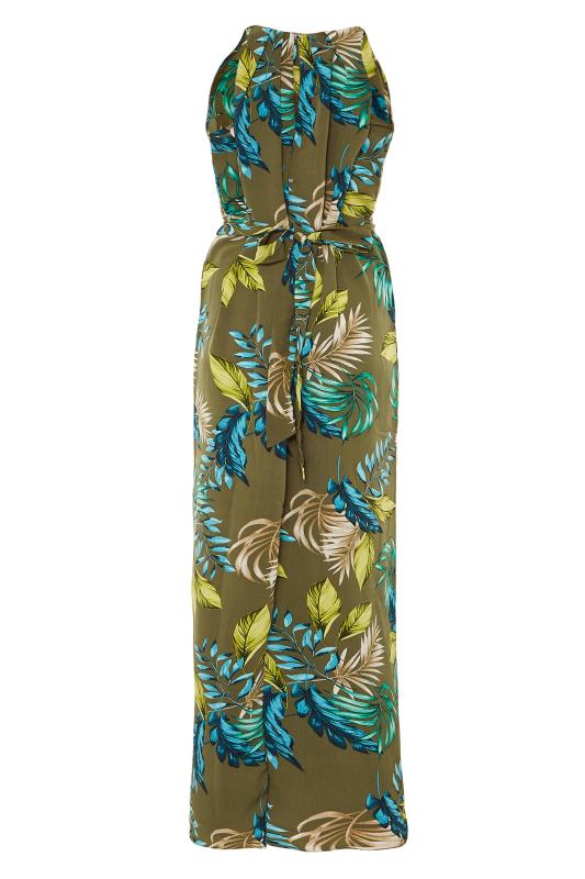 Khaki Leaf Print Halterneck Maxi Dress | Long Tall Sally