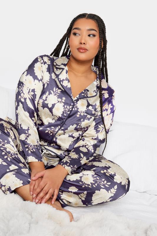 YOURS Plus Size Purple Floral Print Satin Pyjama Set | Yours Clothing 4