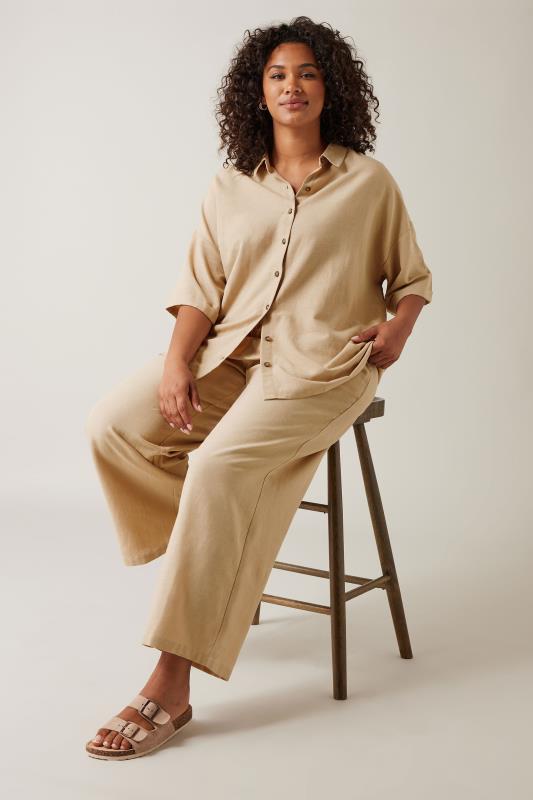 EVANS Plus Size Natural Brown Linen Shirt  | Yours Clothing 1