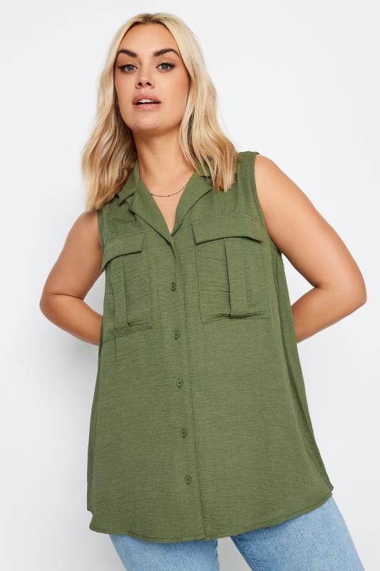 YOURS Plus Size Khaki Green Sleeveless Utility Shirt | Yours Clothing 1