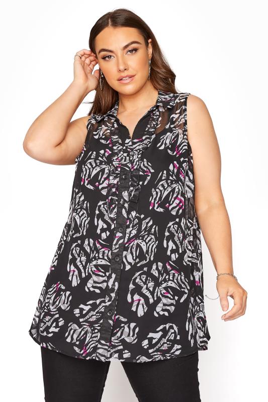 Black and White Floral Print Frill Front Sleeveless Shirt_A.jpg