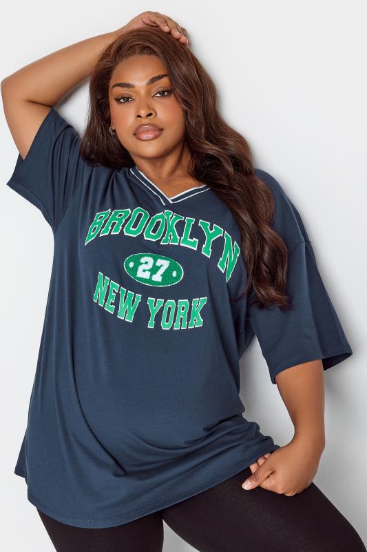 YOURS Plus Size Navy Blue 'Brooklyn New York' Slogan T-Shirt | Yours Clothing 1