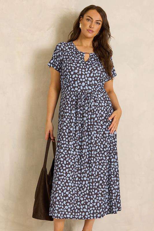 EVANS Plus Size Brown & Blue Spot Bar Detail Dress | Evans 1