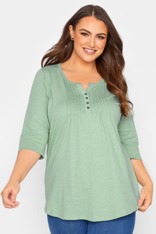 Plus Size YOURS FOR GOOD Sage Green Pintuck Henley Top | Yours Clothing 1