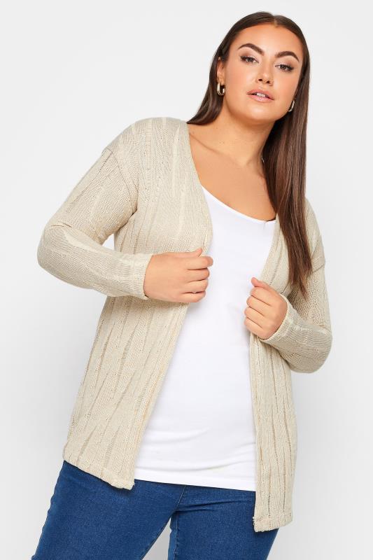 YOURS Plus Size Beige Brown Distressed Knitted Cardigan | Yours Clothing 1