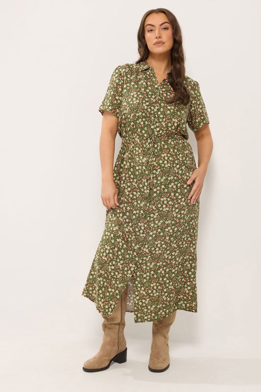 plus size green shirt dress YOURS Curve Khaki Ditsy Floral Eye-catching sequin party dress