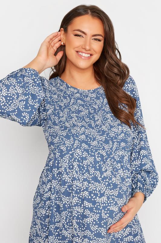 BUMP IT UP MATERNITY Plus Size Blue Ditsy Print Shirred Smock Dress | Yours Clothing 4