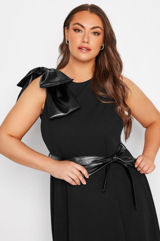 YOURS LONDON Plus Size Black Leather Look Bow Shoulder Midi Skater Dress | Yours Clothing 4
