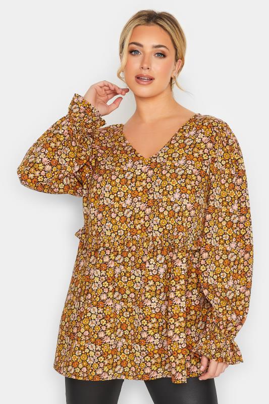 Curve Plus Size Yellow Floral Peplum V-Neck Swing Top | Yours Clothing 1