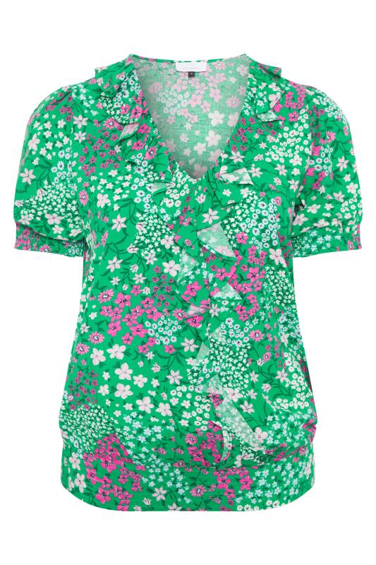 YOURS LONDON Curve Green Floral Shirred Frill Top_F.jpg