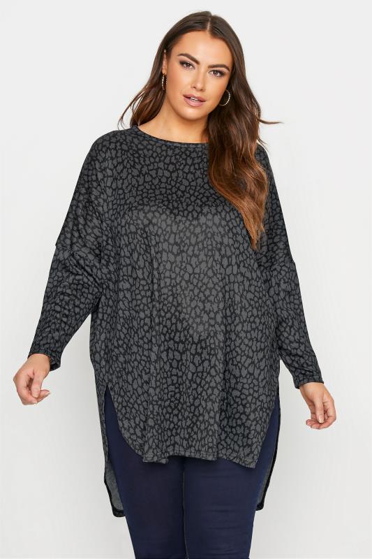Plus Size  Curve Grey Animal Print Dip Back Knitted Jumper