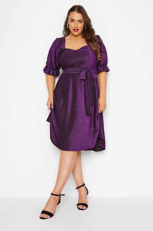 YOURS LONDON Plus Size Purple Glitter Puff Sleeve Midi Dress | Yours Clothing 2