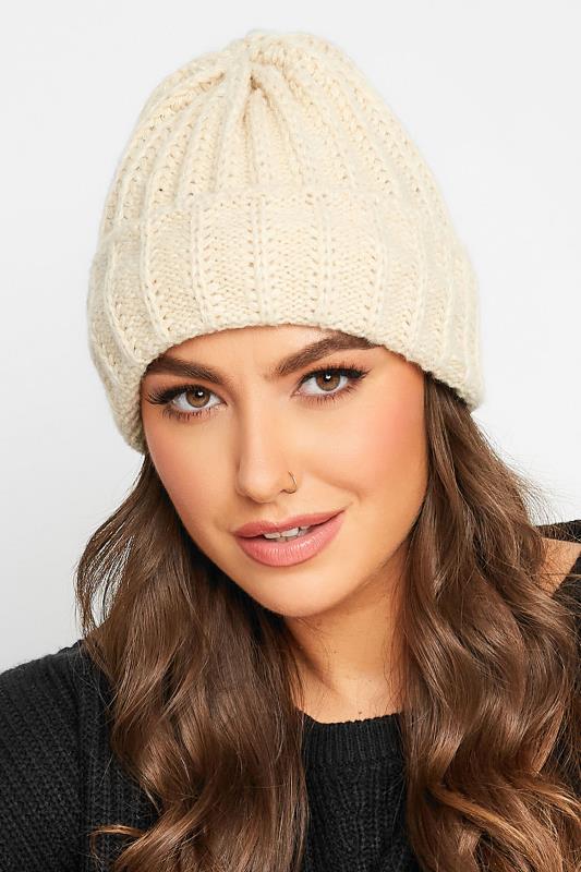 Cream Ribbed Knitted Beanie Hat | Yours Clothing 1