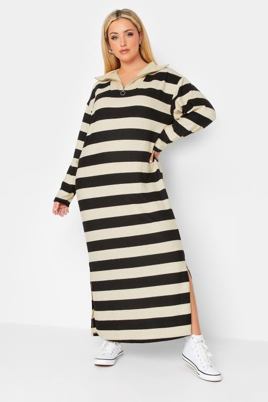 YOURS LUXURY Plus Size Cream & Black Stripe Soft Touch Jumper Dress | Yours Clothing 1
