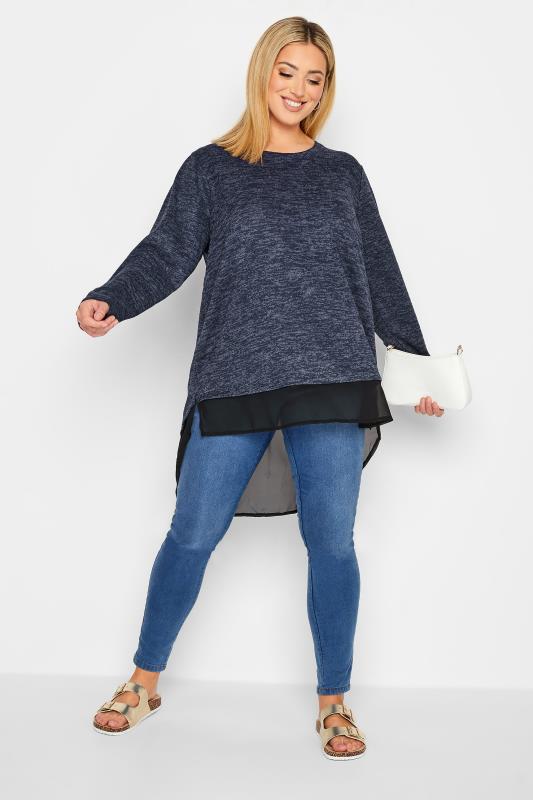 Plus Size Blue Mesh Hem Soft Touch Top | Yours Clothing 2
