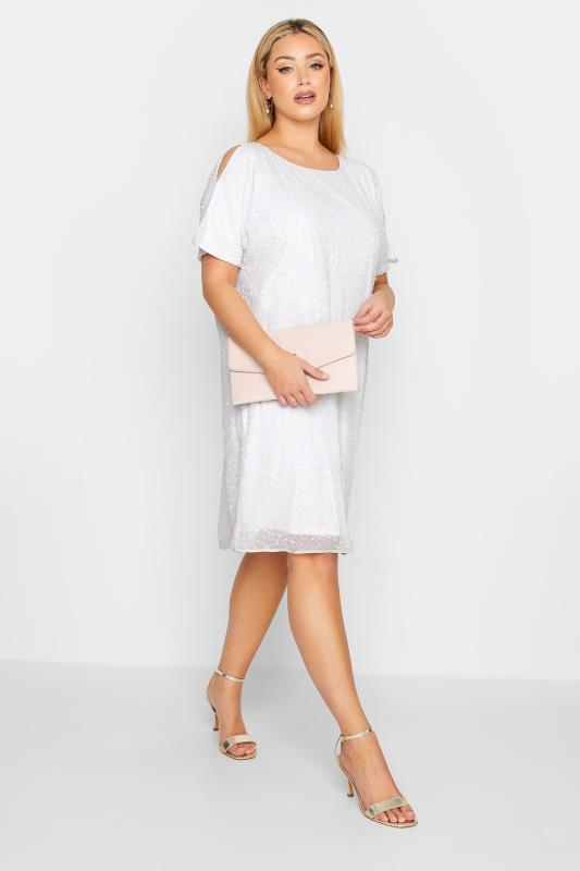 LUXE Plus Size White Sequin Hand Embellished Cape Dress | Yours Clothing 2