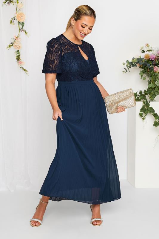 YOURS LONDON Plus Size Navy Blue Lace Puff Sleeve Pleated Maxi Dress | Yours Clothing 2