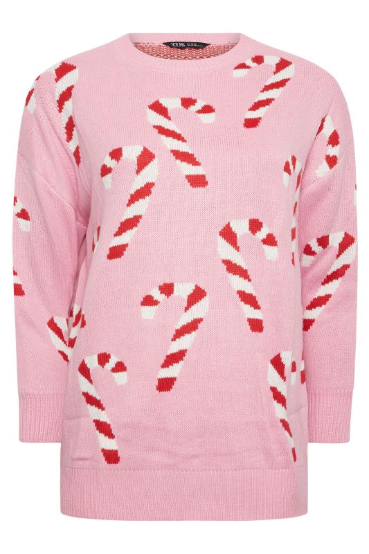 YOURS Plus Size Pink Candy Cane Print Christmas Jumper | Yours Clothing 5