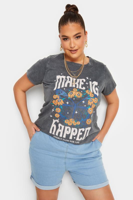 YOURS Curve Charcoal Grey 'Make It Happen' Slogan T-Shirt | Yours Clothing  1